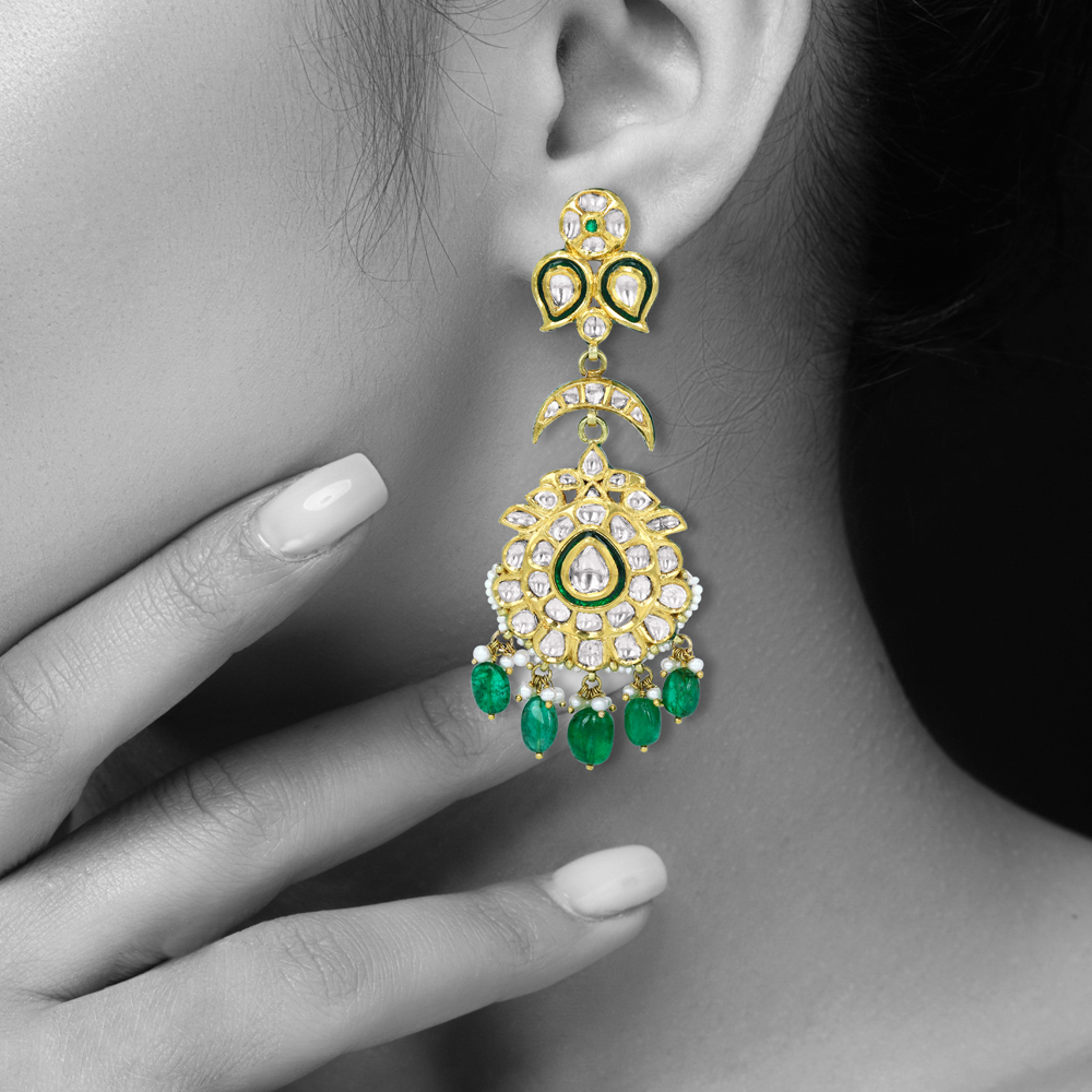 Polki Earrings with Green Enamel, Pearl Beads and Emerald Drops